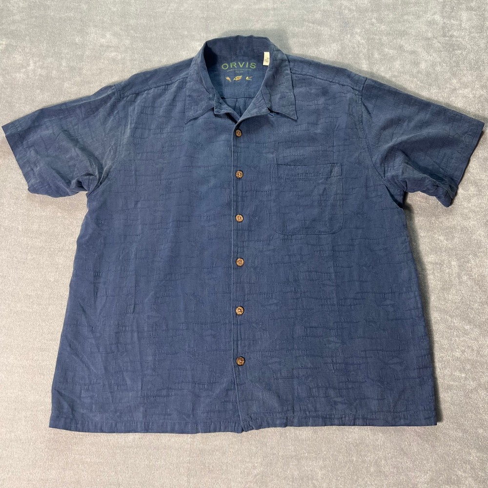 Orvis Mens Short Sleeve Button Down Shirt Large Blue 100% Silk Camp Resort